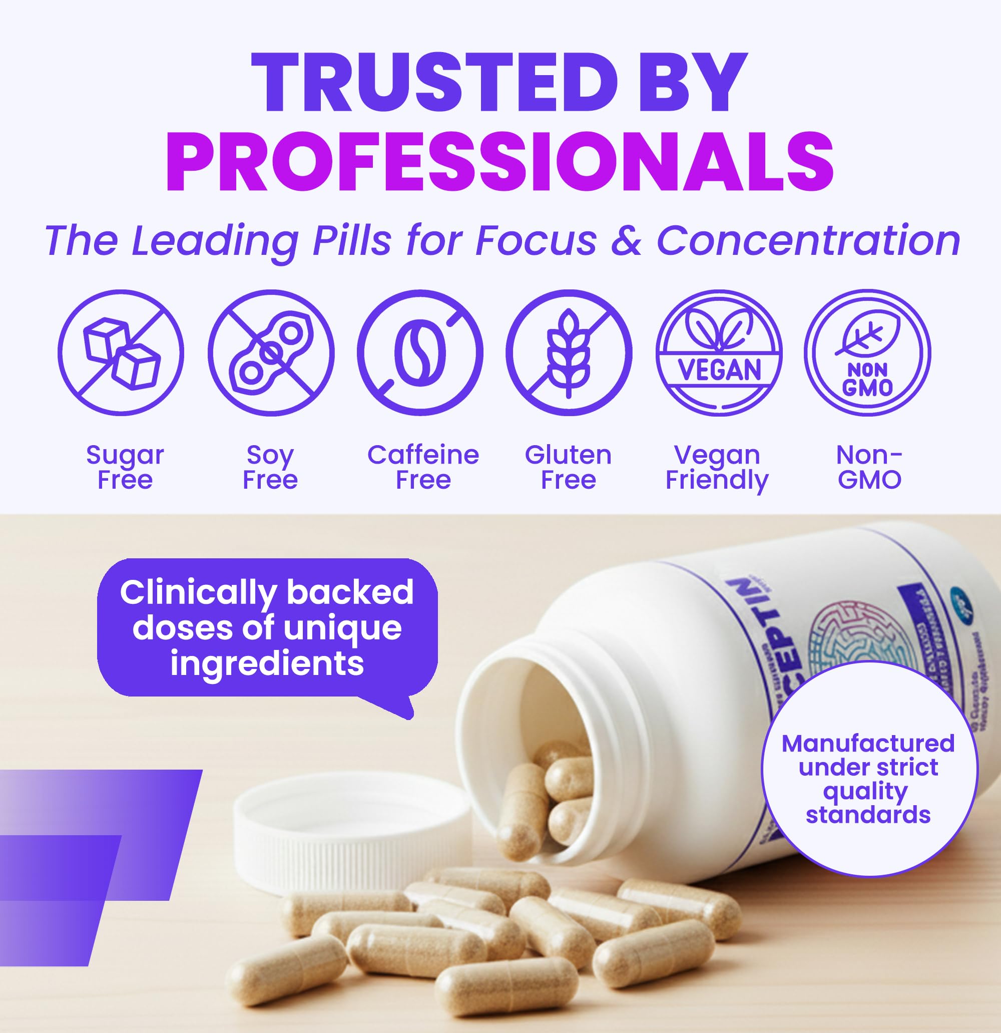 NOOCEPTIN Focus & Clarity Supplement capsules on a table