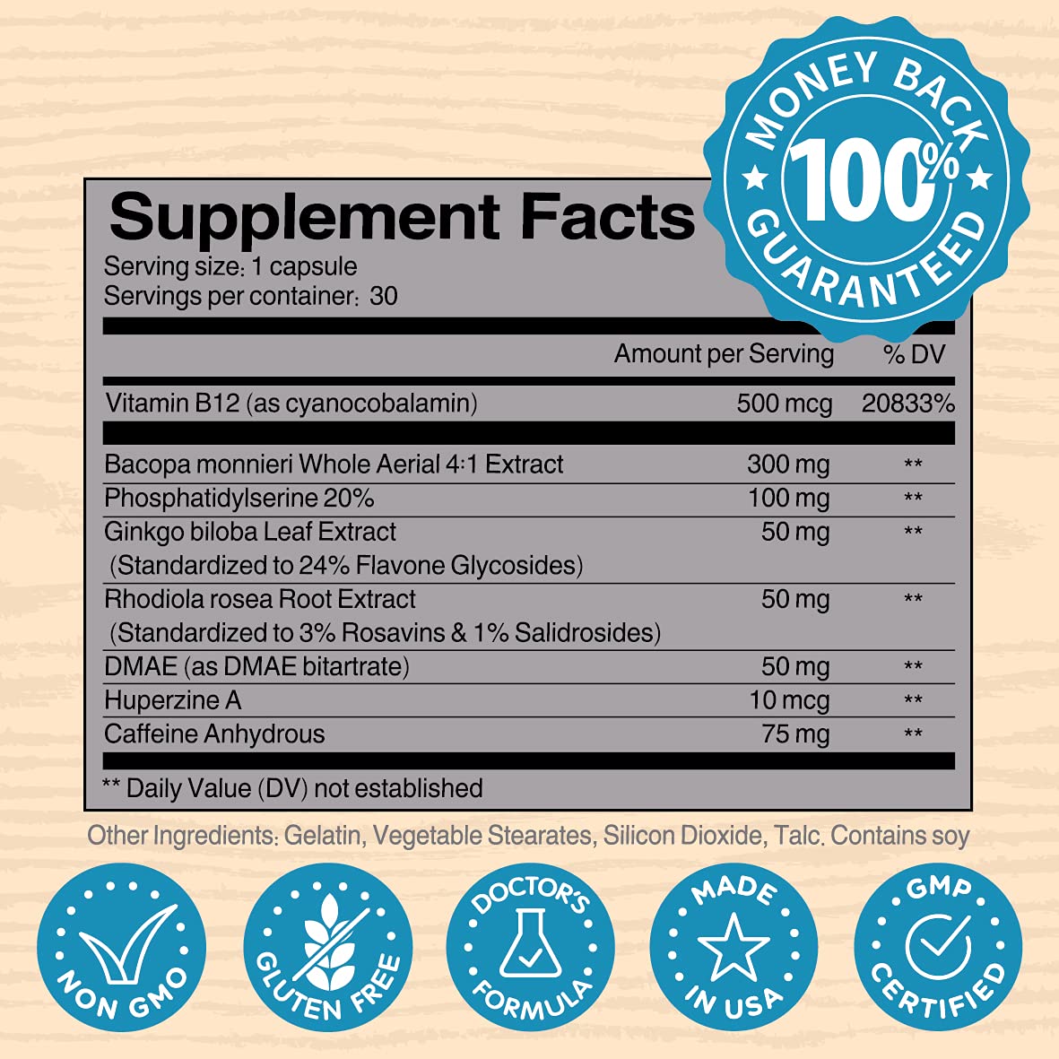 NooMost Brain support Supplement side view showing ingredients