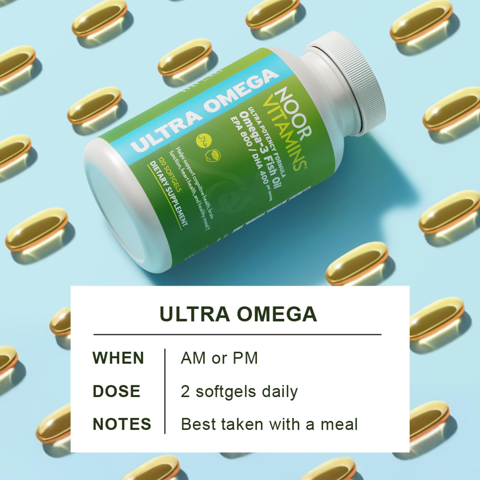 Noor Vitamins Ultra Omega Fish Oil softgels in a glass of water