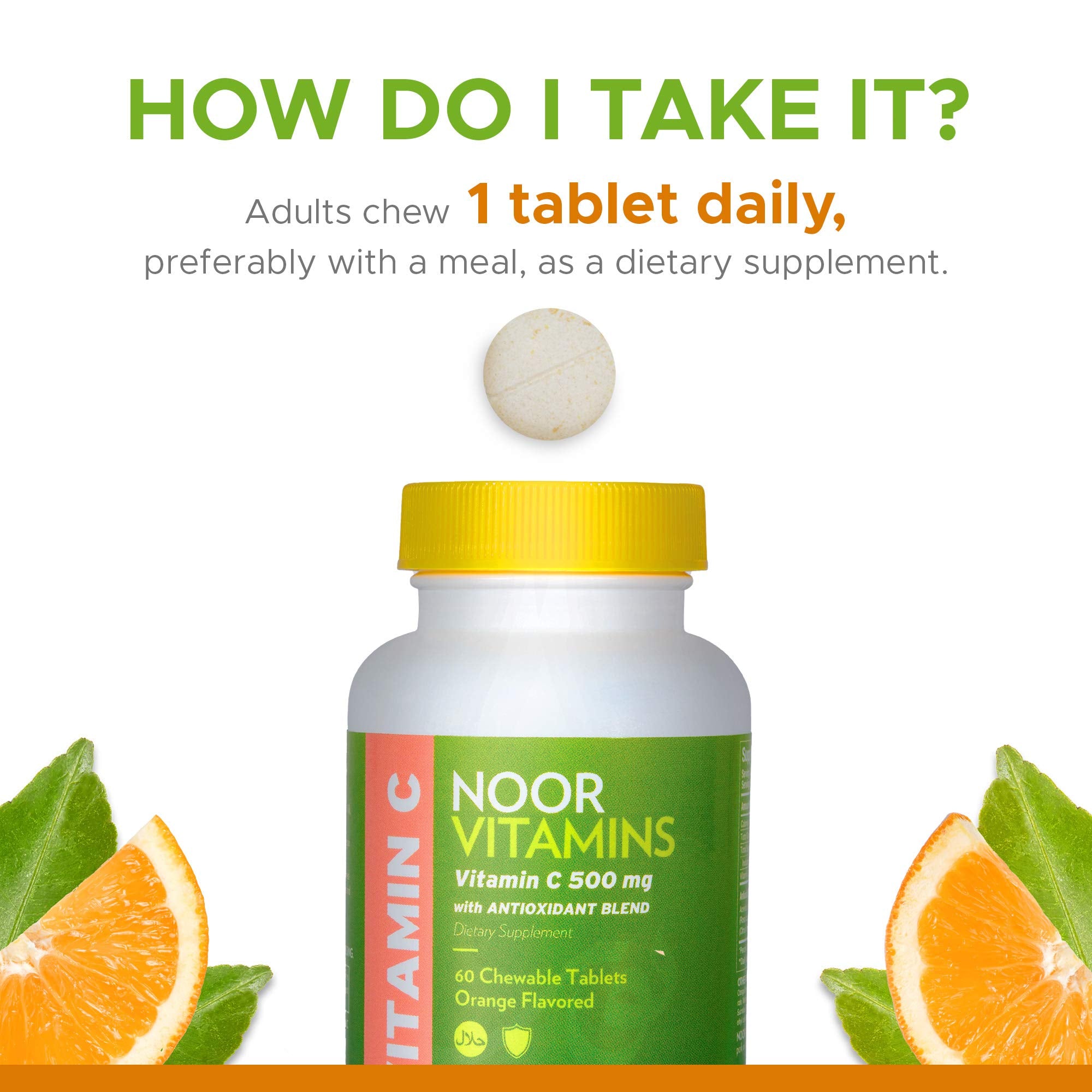 Noor Vitamins Vitamin C chewable tablets beside fresh oranges