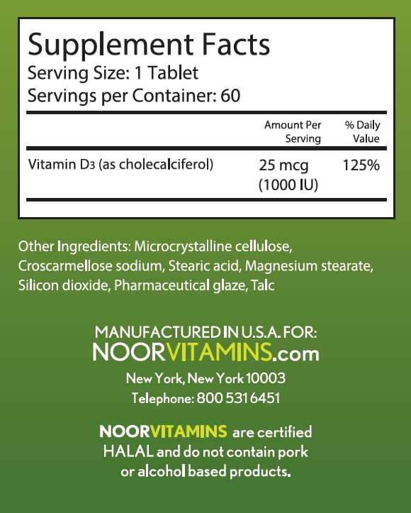 Noor Vitamins Vitamin D3 1000 IU Halal Supplement side view