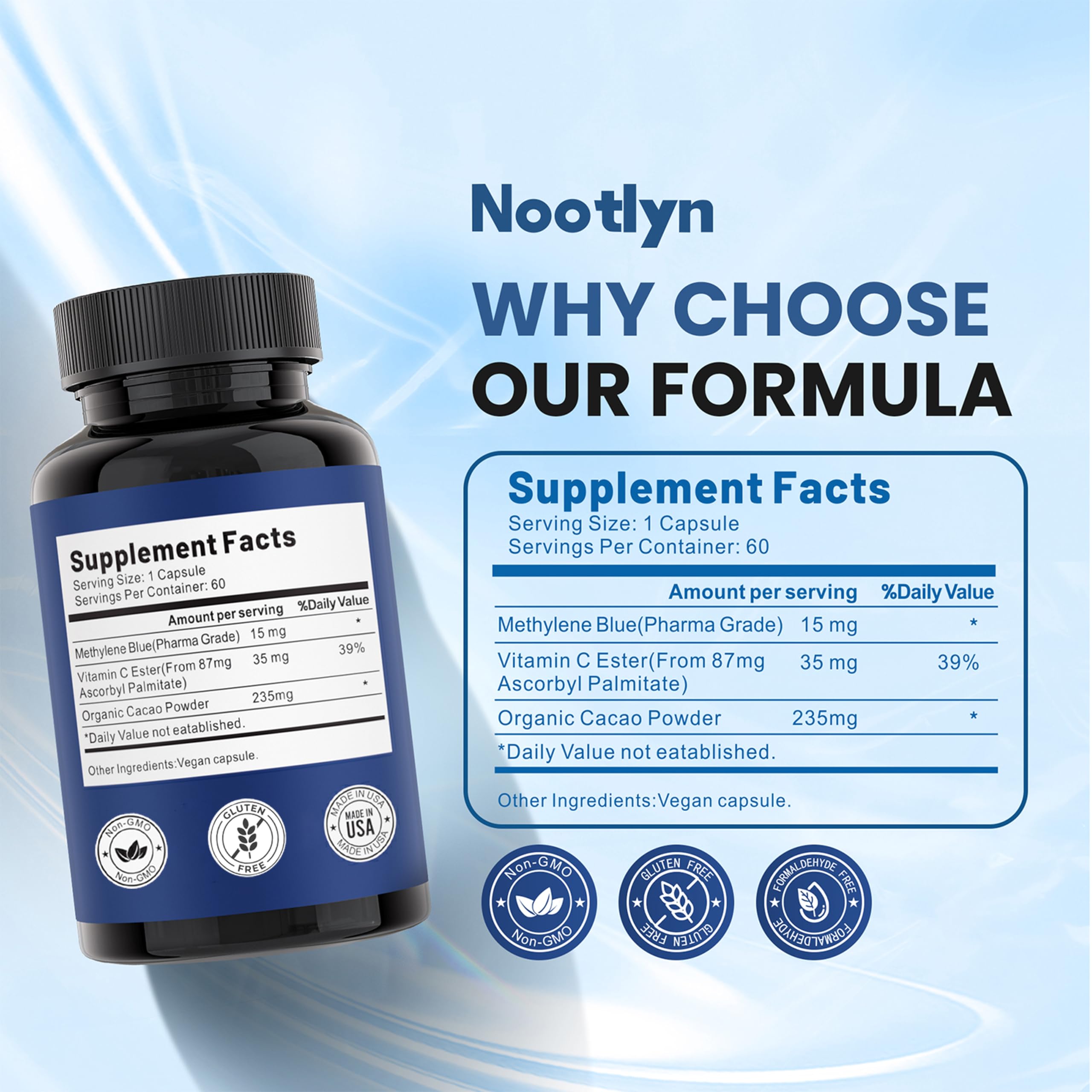 Nootlyn Methylene Blue Capsules 15mg on a wooden table