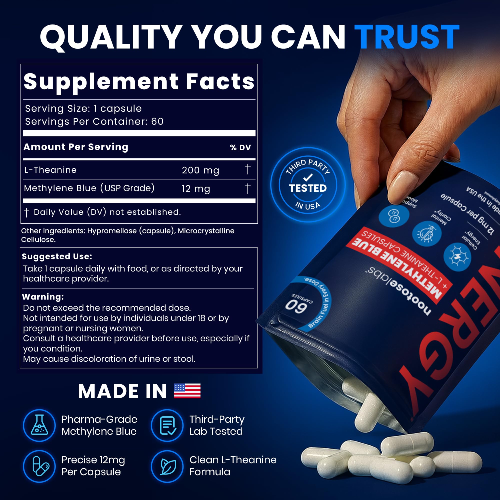 Nootose Labs Methylene Blue + L-Theanine Capsules in a lifestyle setting