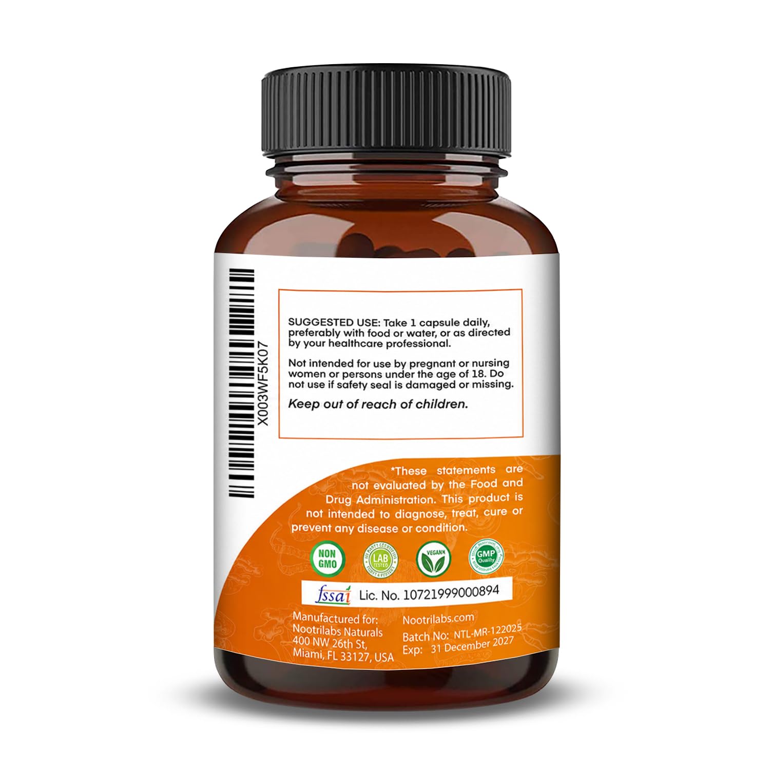 Nootrilabs Naturals Advanced Mushroom Complex back view with ingredient list