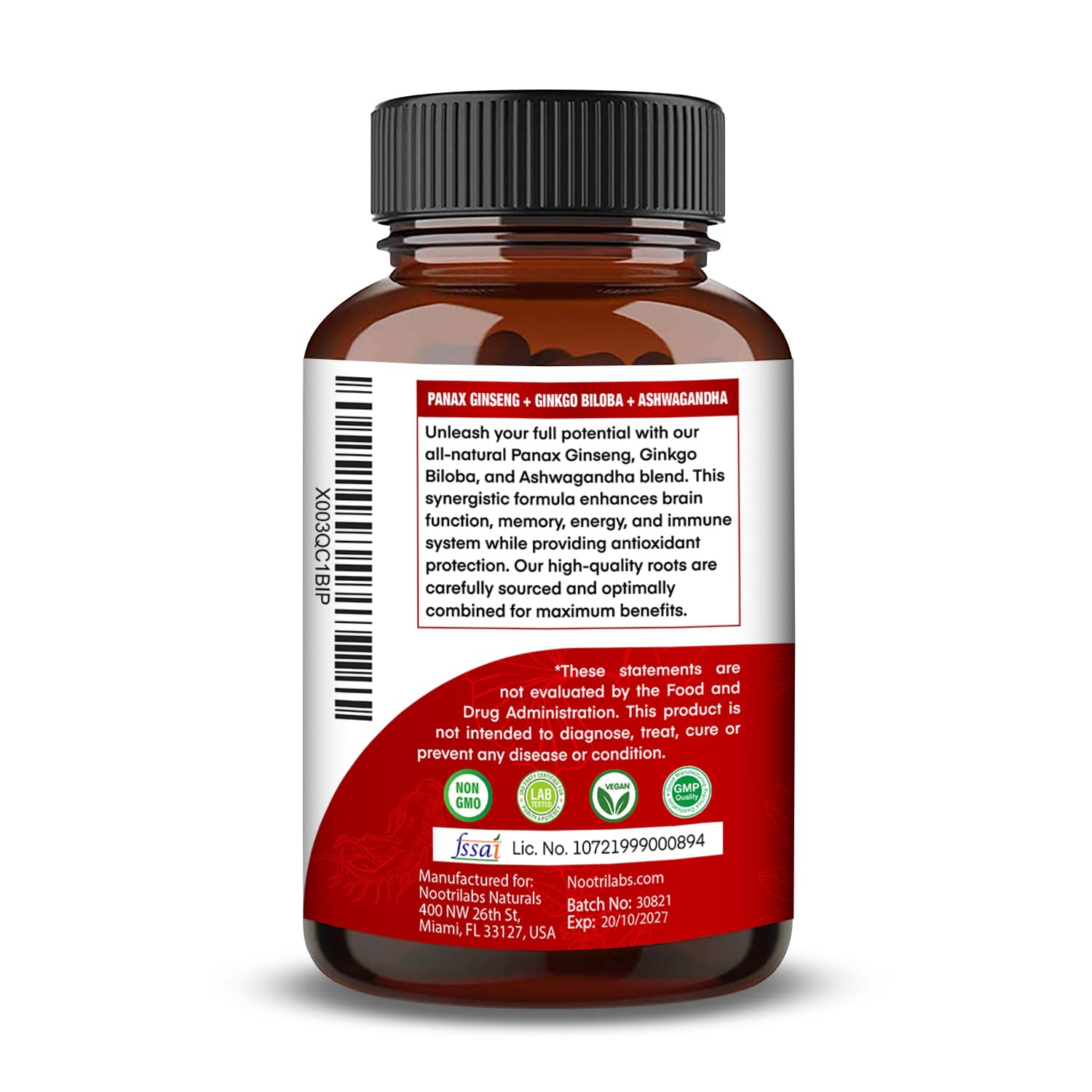Nootrilabs Naturals Panax Ginseng + Ginkgo Biloba + Ashwagandha supplement side view