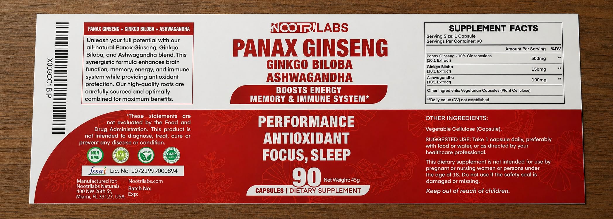 Nootrilabs Naturals Panax Ginseng + Ginkgo Biloba + Ashwagandha supplement packaging