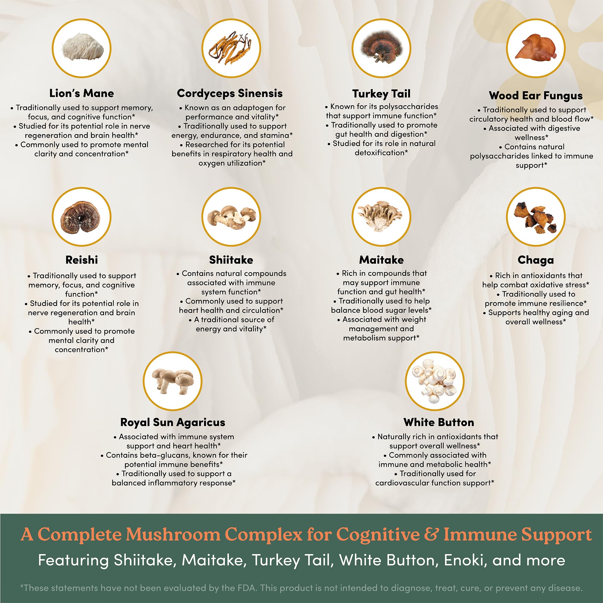 nootrimind 10-functional mushroom blend capsules on a wooden surface