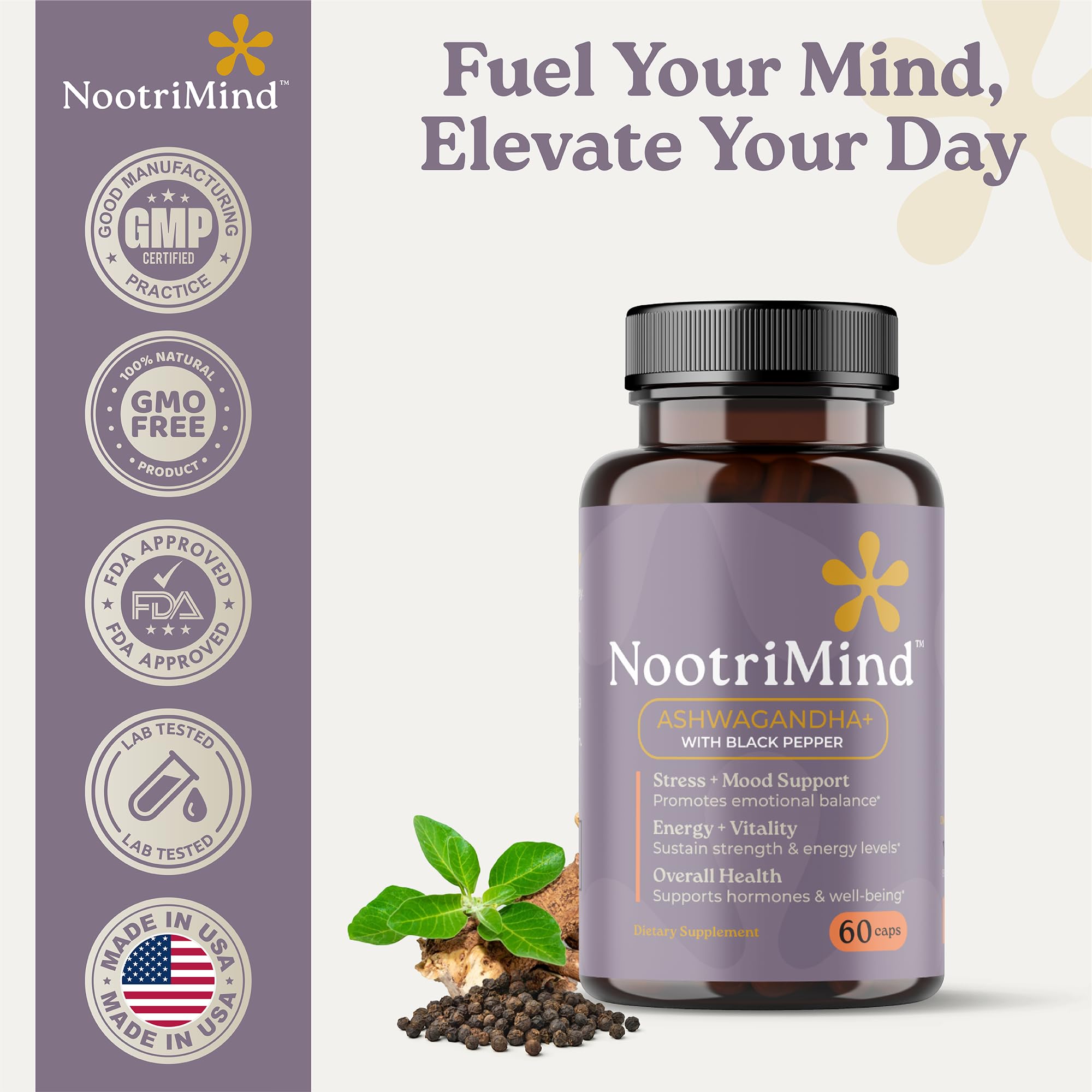 nootrimind Ashwagandha Supplement bottle with a plant background