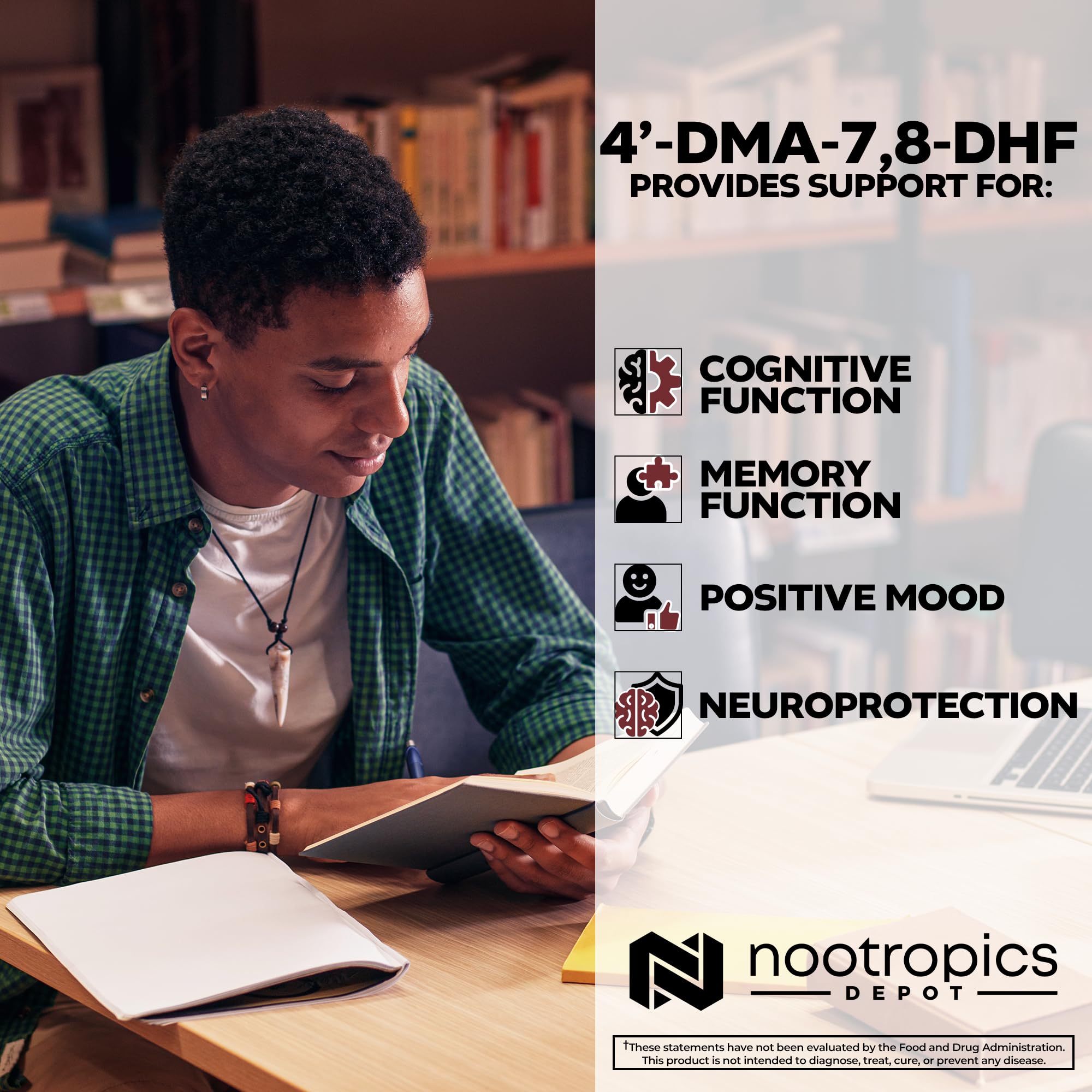 Nootropics Depot 4’-DMA-7,8-DHF Capsules 10mg capsules on a table