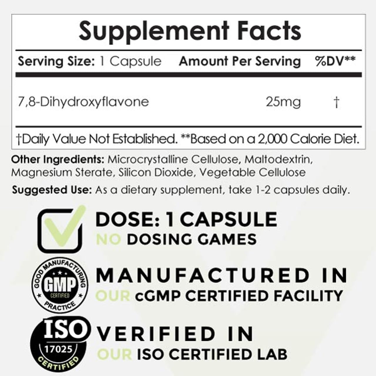 Nootropics Depot 7,8-Dihydroxyflavone Capsules 25mg bottle side view