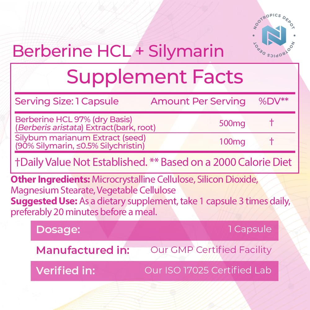 Nootropics Depot Berberine HCL + Silymarin Tablets 500mg side view