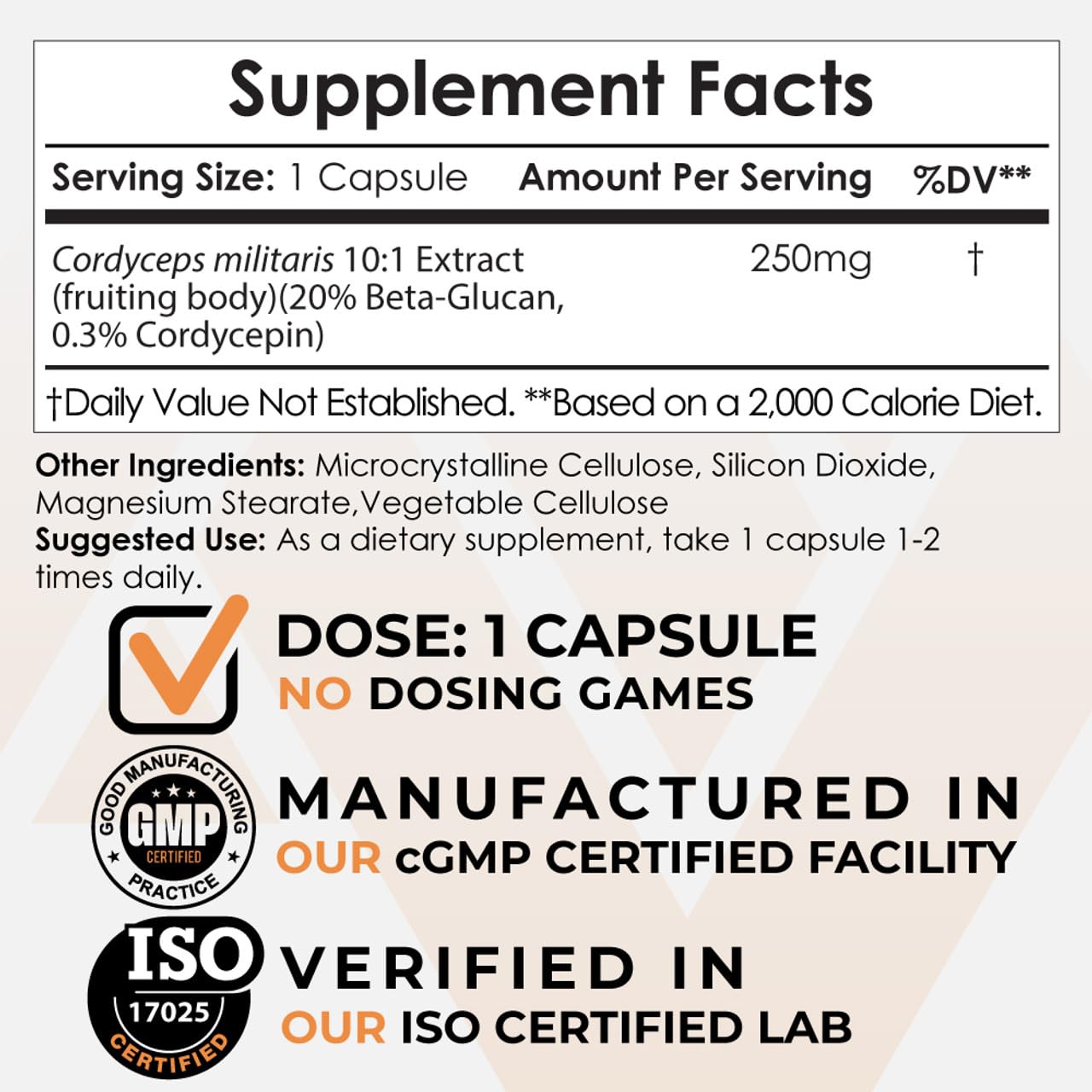 Nootropics Depot Cordyceps Mushroom Capsules 250mg back view