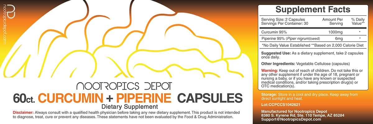 Nootropics Depot Curcumin + Piperine Capsules bottle side view
