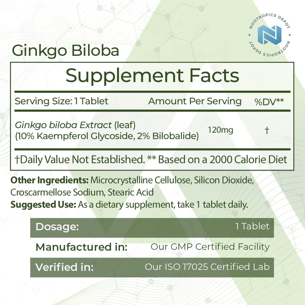 Nootropics Depot Ginkgo Biloba Extract Tablets 120mg side view