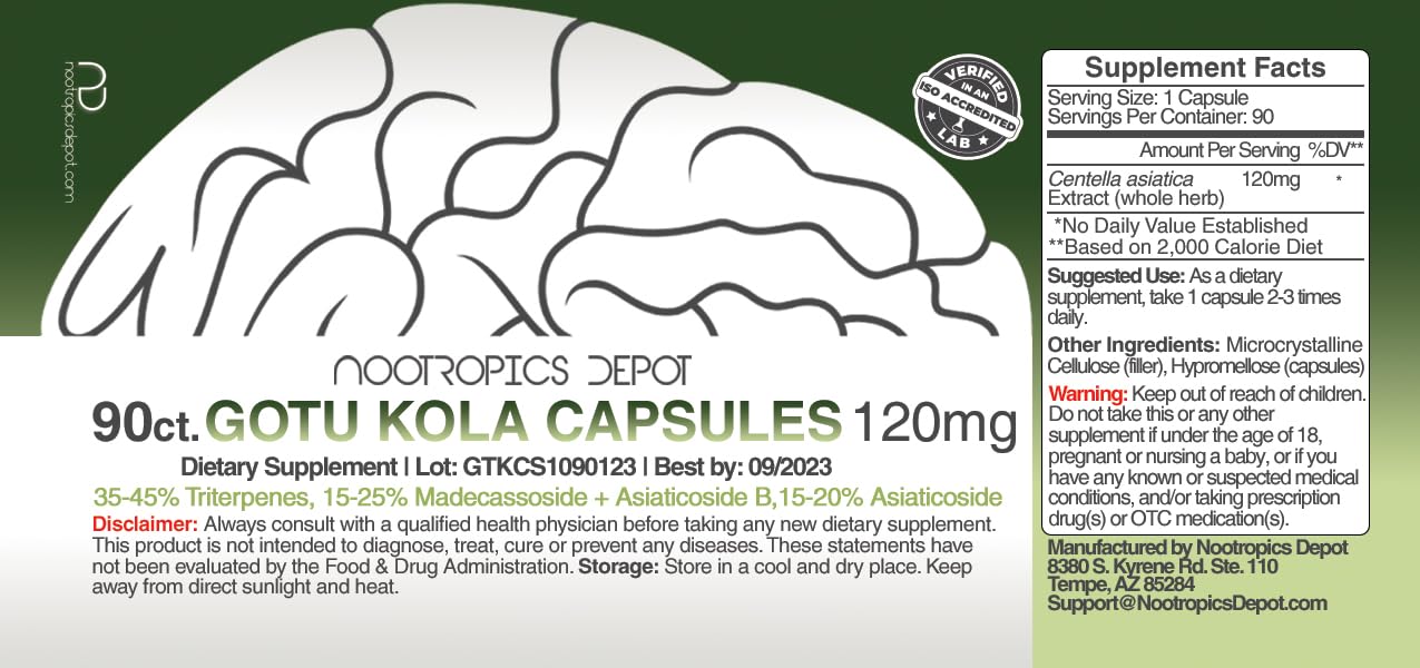 Nootropics Depot Gotu Kola Supplement side view with dosage information