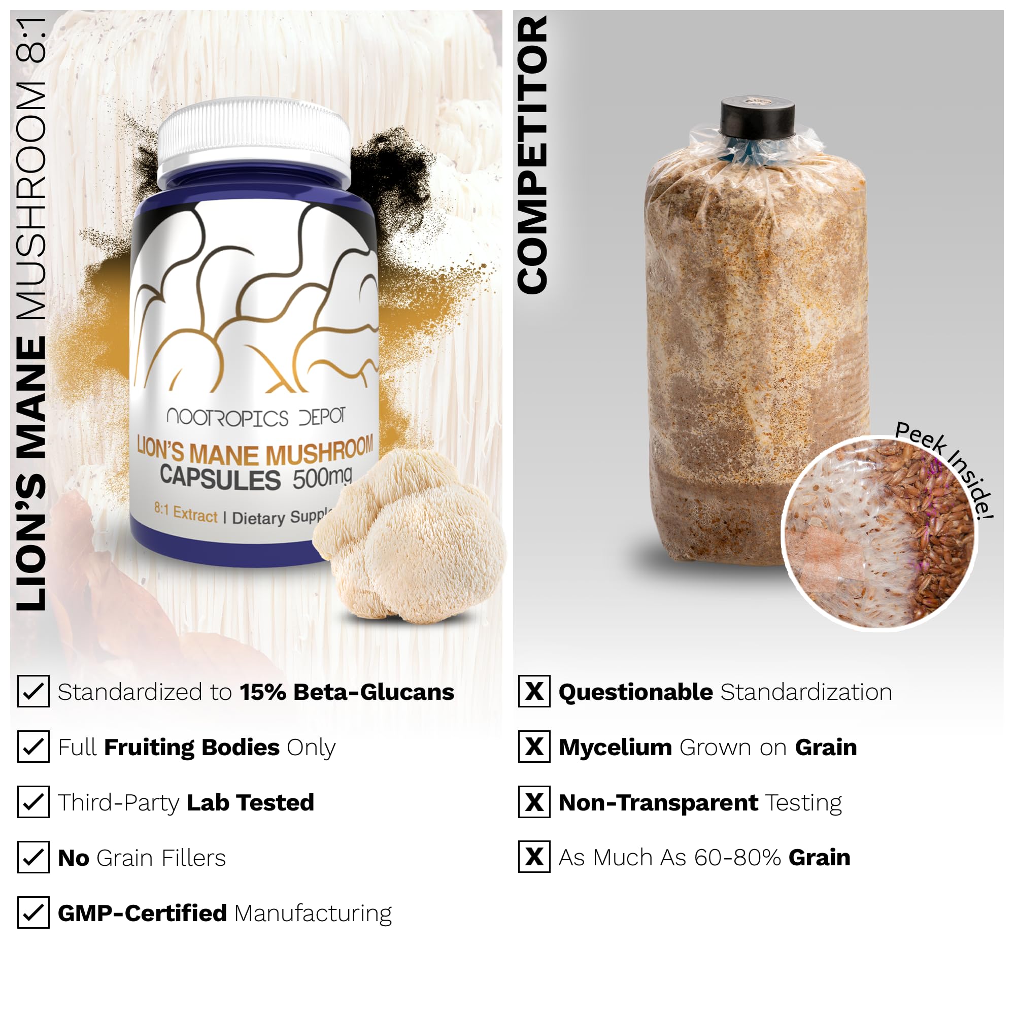 Nootropics Depot Lion's Mane Mushroom Supplement capsules