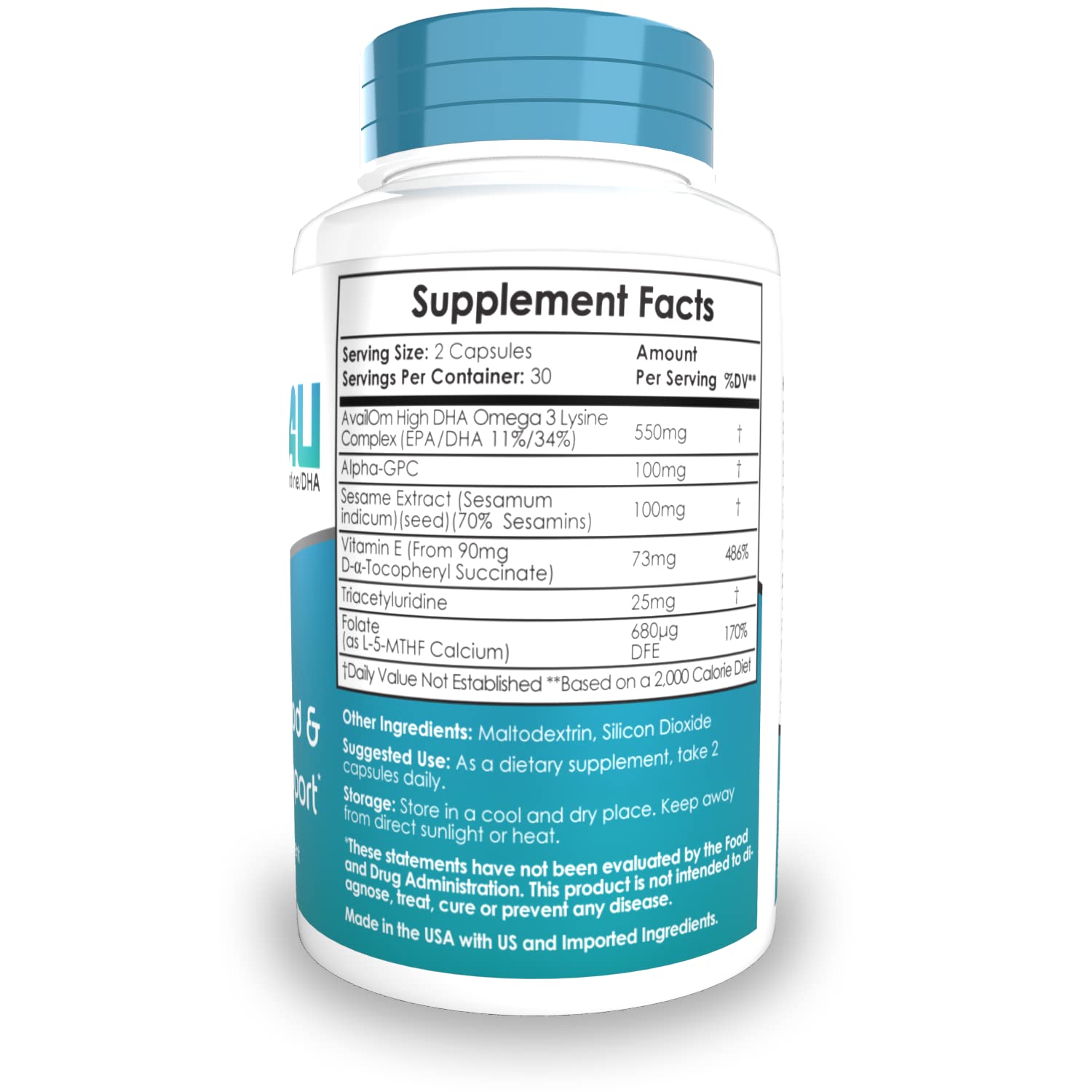Nootropics Depot OmegaTAU Capsules side view showing ingredients