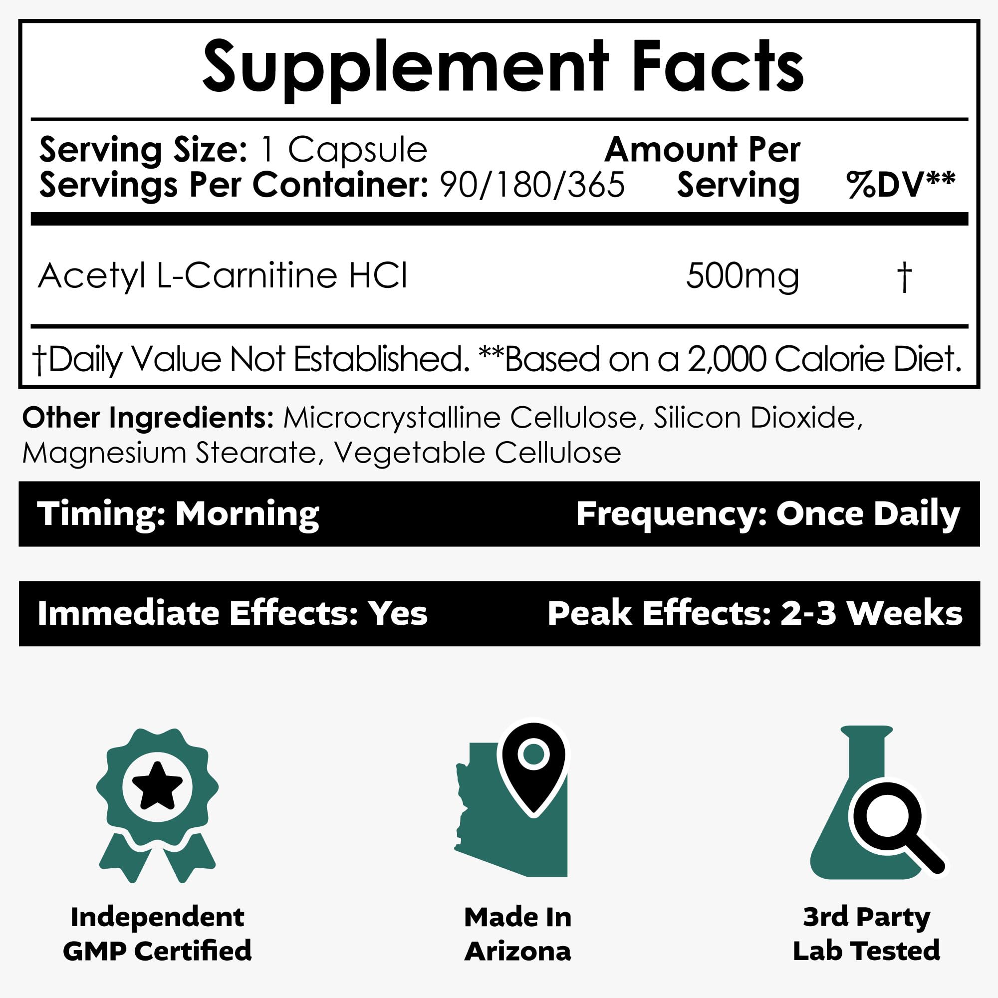 Nootropics Depot Pure Acetyl L-Carnitine 500mg Capsules side view