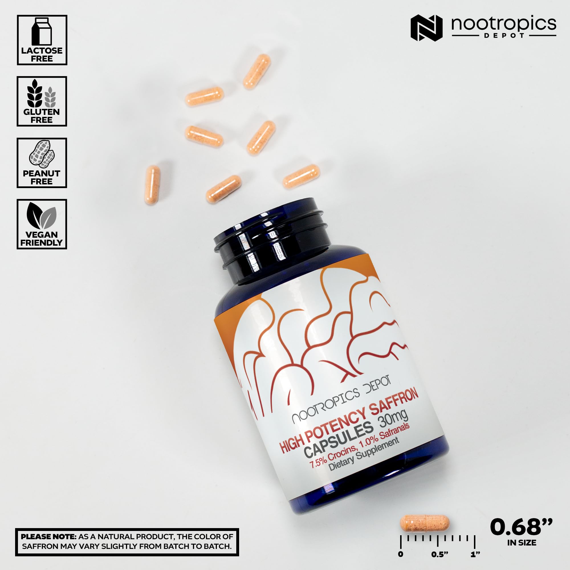 Nootropics Depot Saffron Extract 7.5% Crocins capsules on a wooden surface