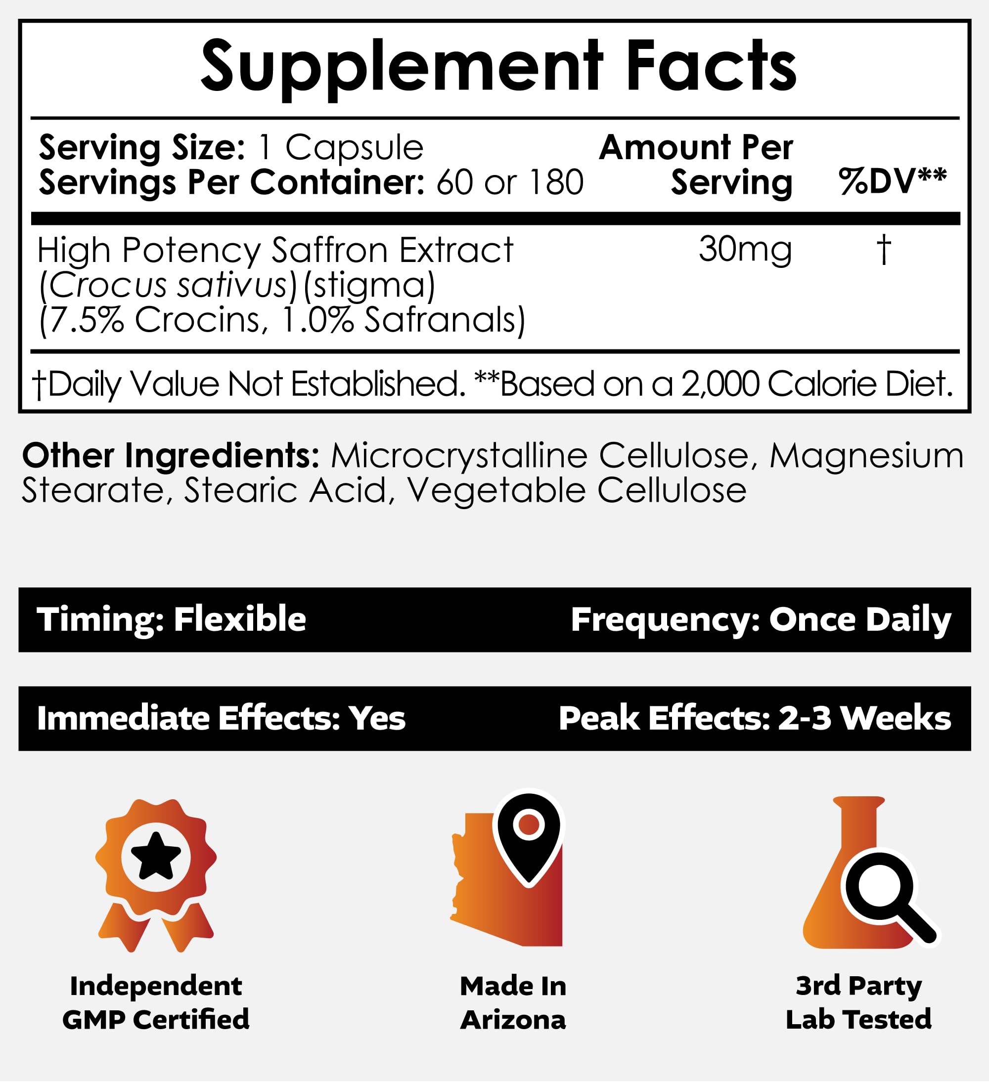 Nootropics Depot Saffron Extract 7.5% Crocins side view with label
