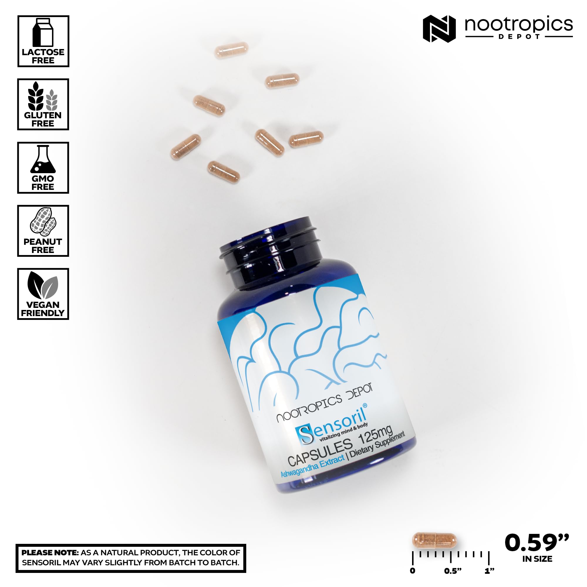 Nootropics Depot Sensoril Ashwagandha Extract 125mg Capsules bottle with label