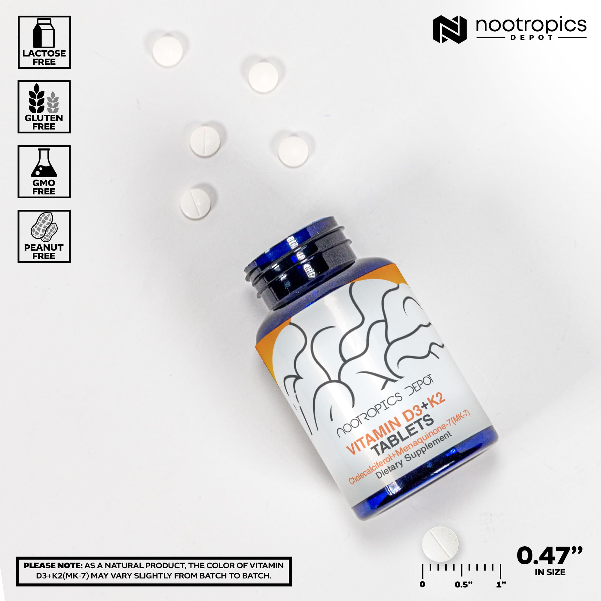 Nootropics Depot Vitamin D3 + K2 with Vitamin C Tablets bottle with label