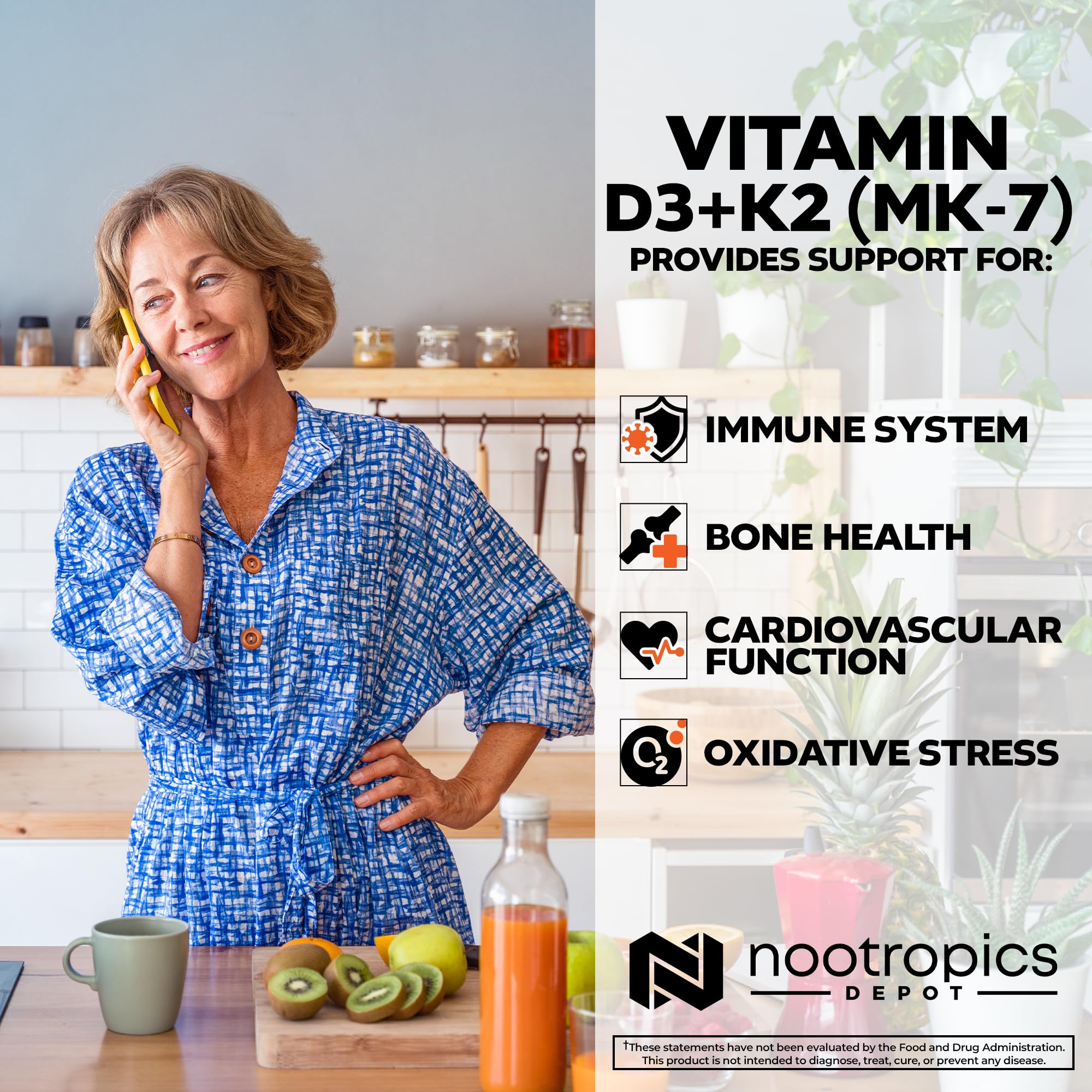 Nootropics Depot Vitamin D3 + K2 with Vitamin C Tablets close-up of tablets