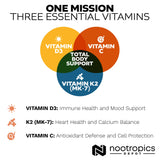 Nootropics Depot Vitamin D3 + K2 with Vitamin C Tablets displayed with measuring spoon
