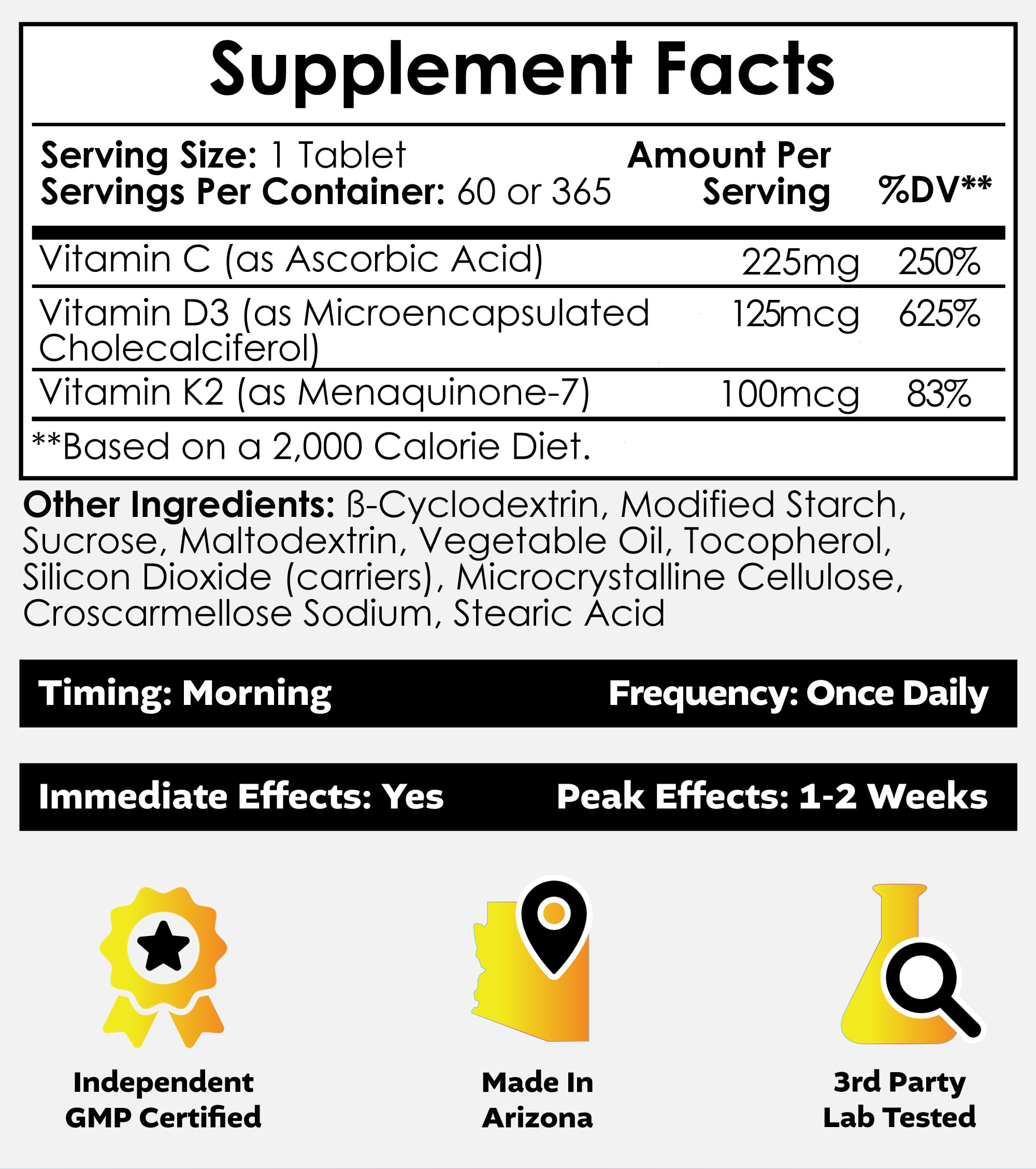 Nootropics Depot Vitamin D3 + K2 with Vitamin C Tablets side view
