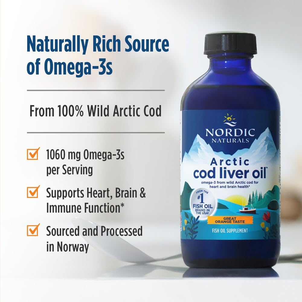 Nordic Naturals Arctic Cod Liver Oil 404g showing orange liquid