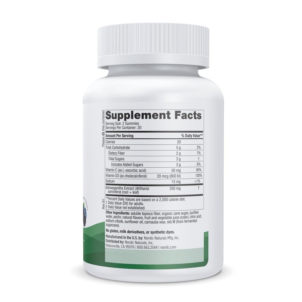 Nordic Naturals Ashwagandha Supplement side view showing ingredients
