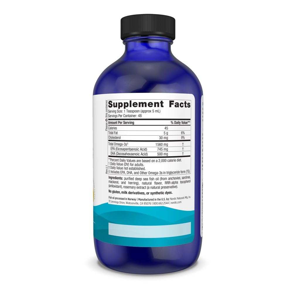 Nordic Naturals Omega-3 Liquid Fish Oil bottle with lemon flavour