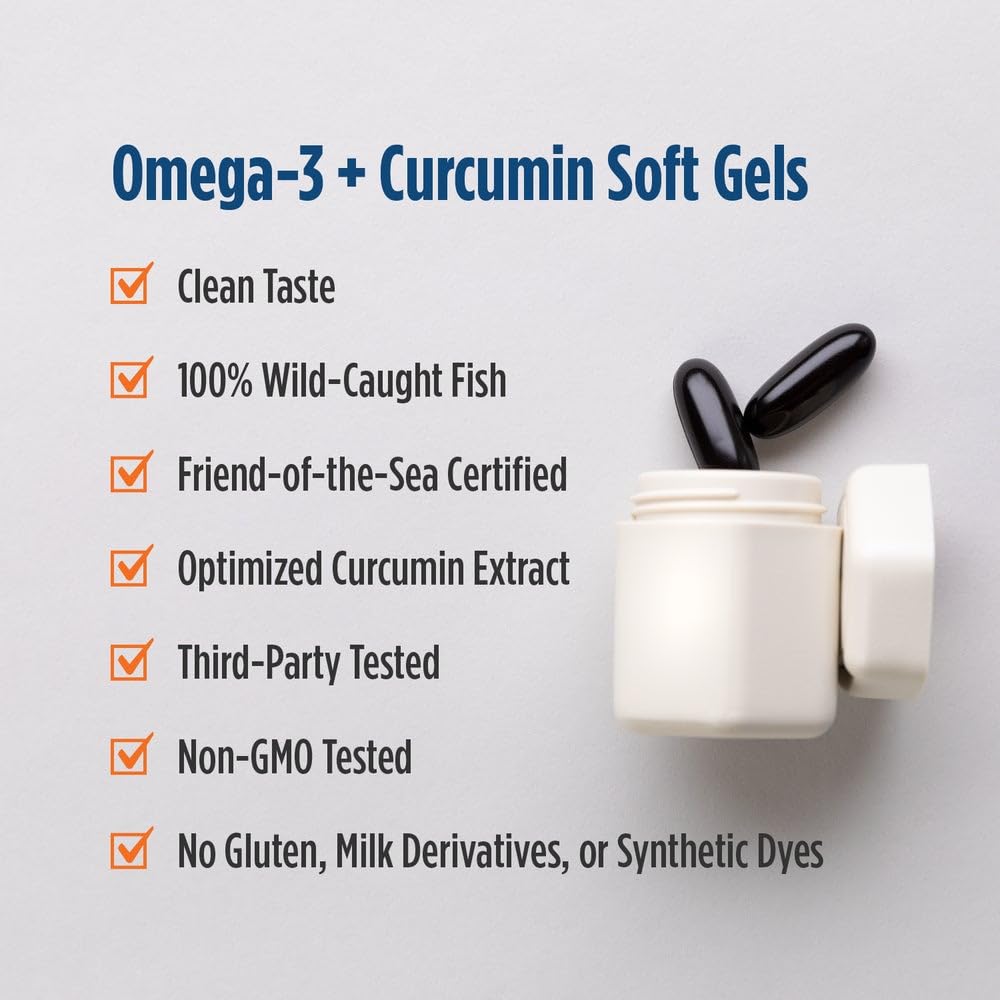 Nordic Naturals Omega Curcumin 159g capsules on a wooden surface