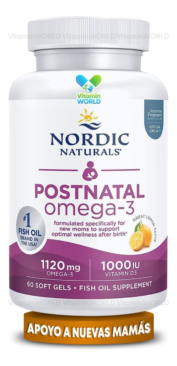 Nordic Naturals Postnatal Omega-3 capsules on a table