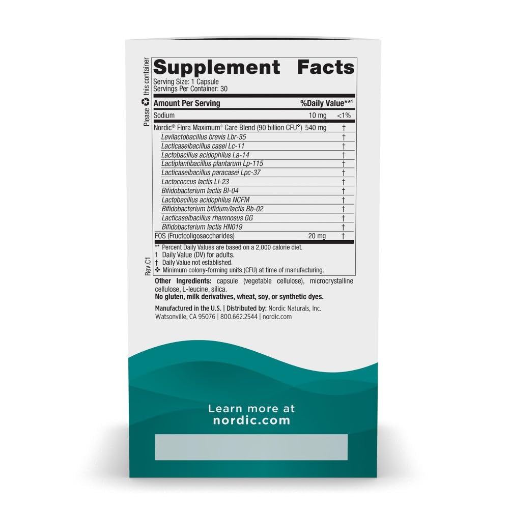 Nordic Naturals Prebiotic Capsules side view showing ingredients