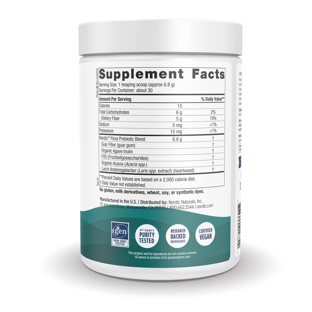 Nordic Naturals Prebiotic Powder 204g side view showing ingredients