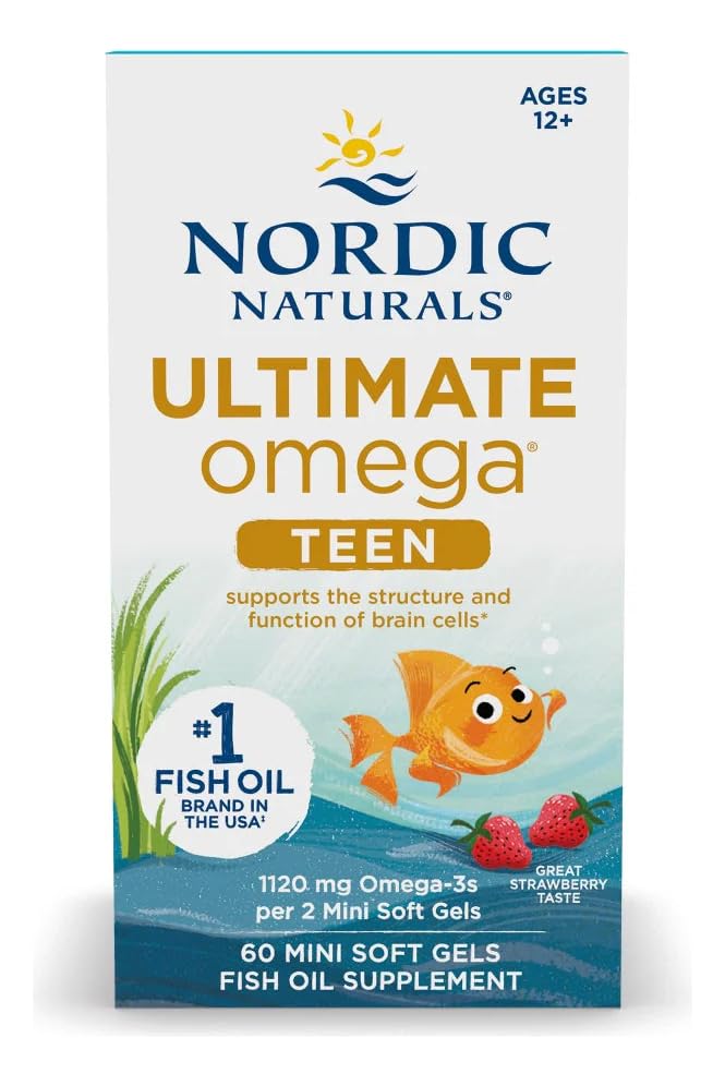 Nordic Naturals Ultimate Omega 2x Teen capsules on a wooden surface