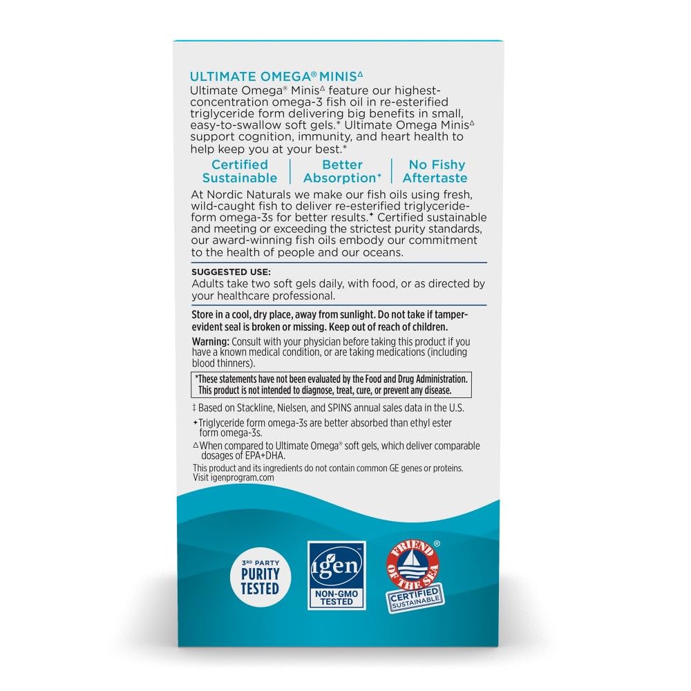 Nordic Naturals Ultimate Omega Minis capsules on a wooden table