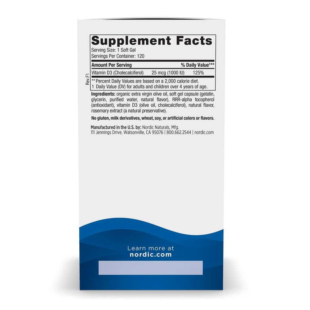 Nordic Naturals Vitamin D3 1000 Soft Gels side view showing soft gels