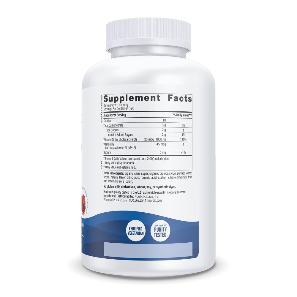 Nordic Naturals Vitamin D3 + K2 Gummies packaging showing nutritional information