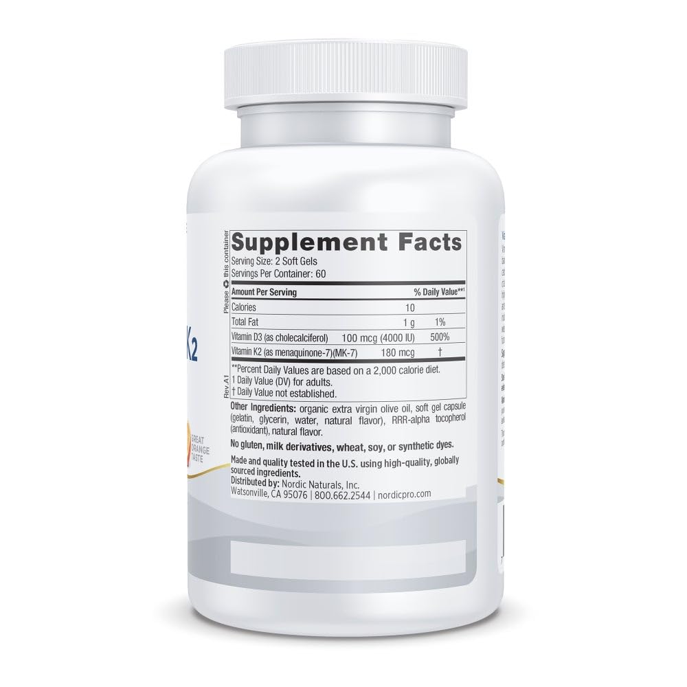 Nordic Naturals Vitamin D3 + K2 soft gels bottle with label