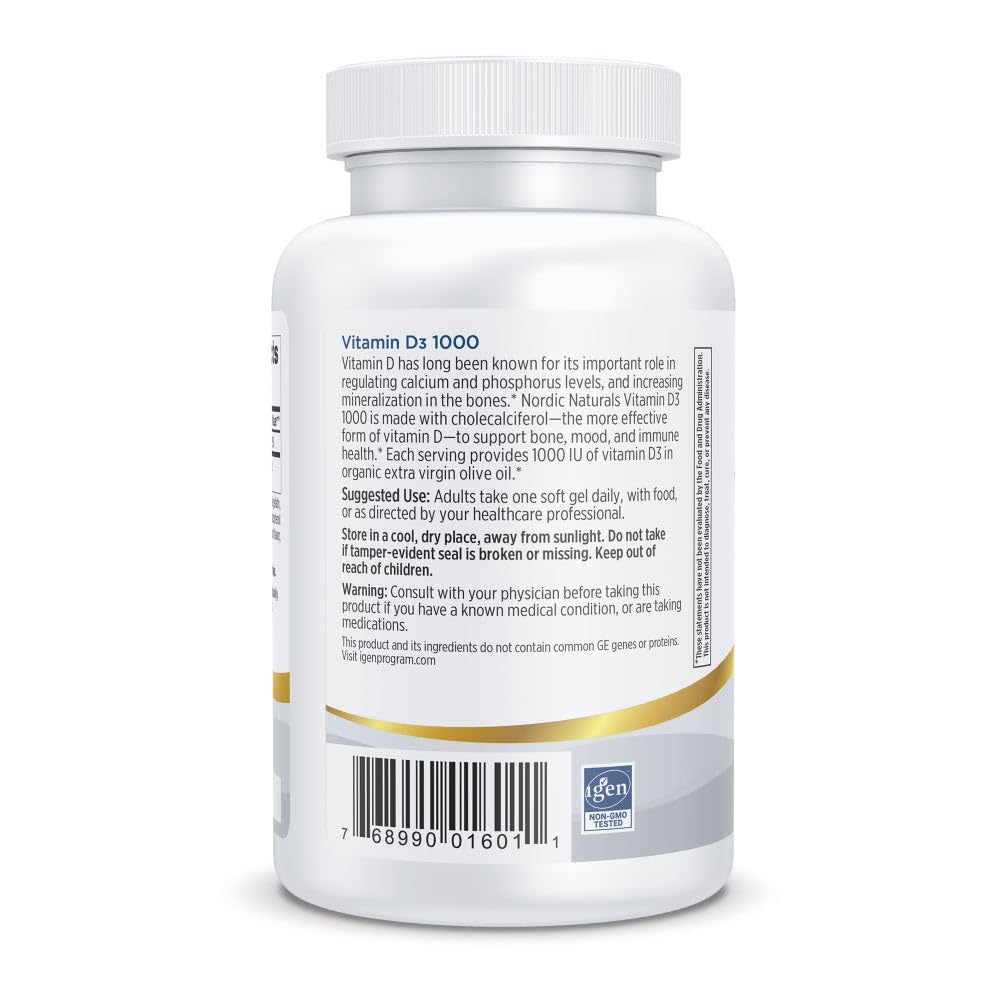 Nordic Naturals Vitamin D3 Mini Soft Gels on a wooden surface