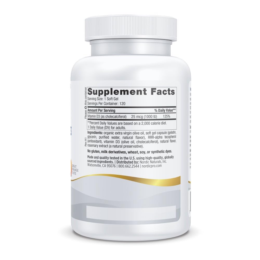 Nordic Naturals Vitamin D3 Mini Soft Gels showing soft gel capsules