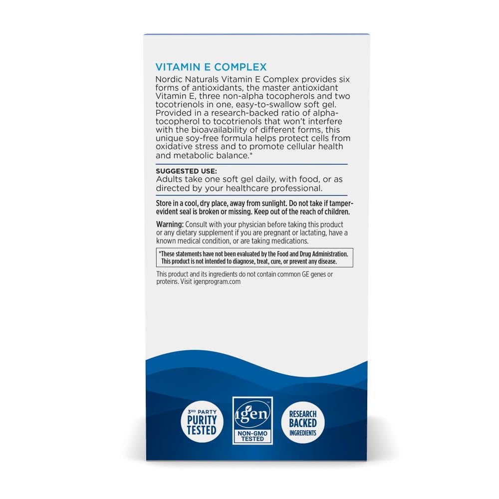 Nordic Naturals Vitamin E Complex displayed with other supplements