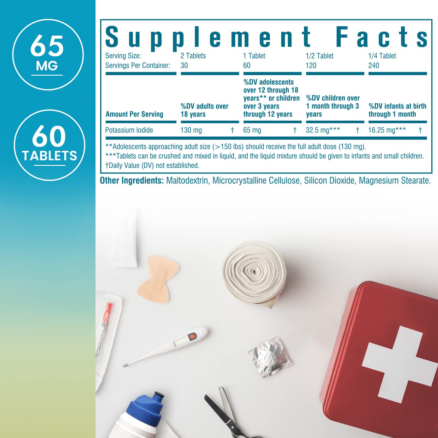 Nordvida Potassium Iodide Tablets 65mg back view with ingredient details