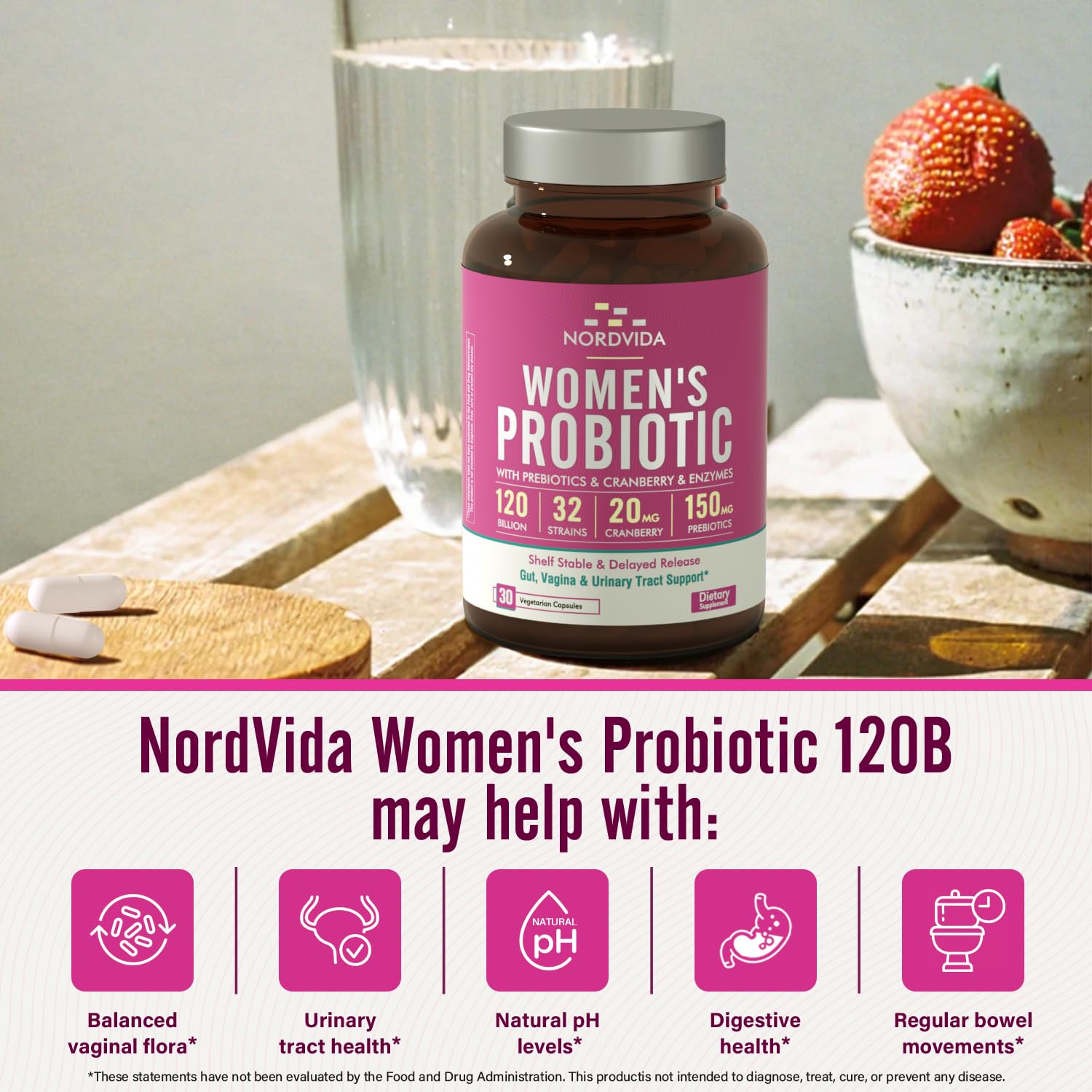 Nordvida Women's Probiotic capsules in a hand for scale