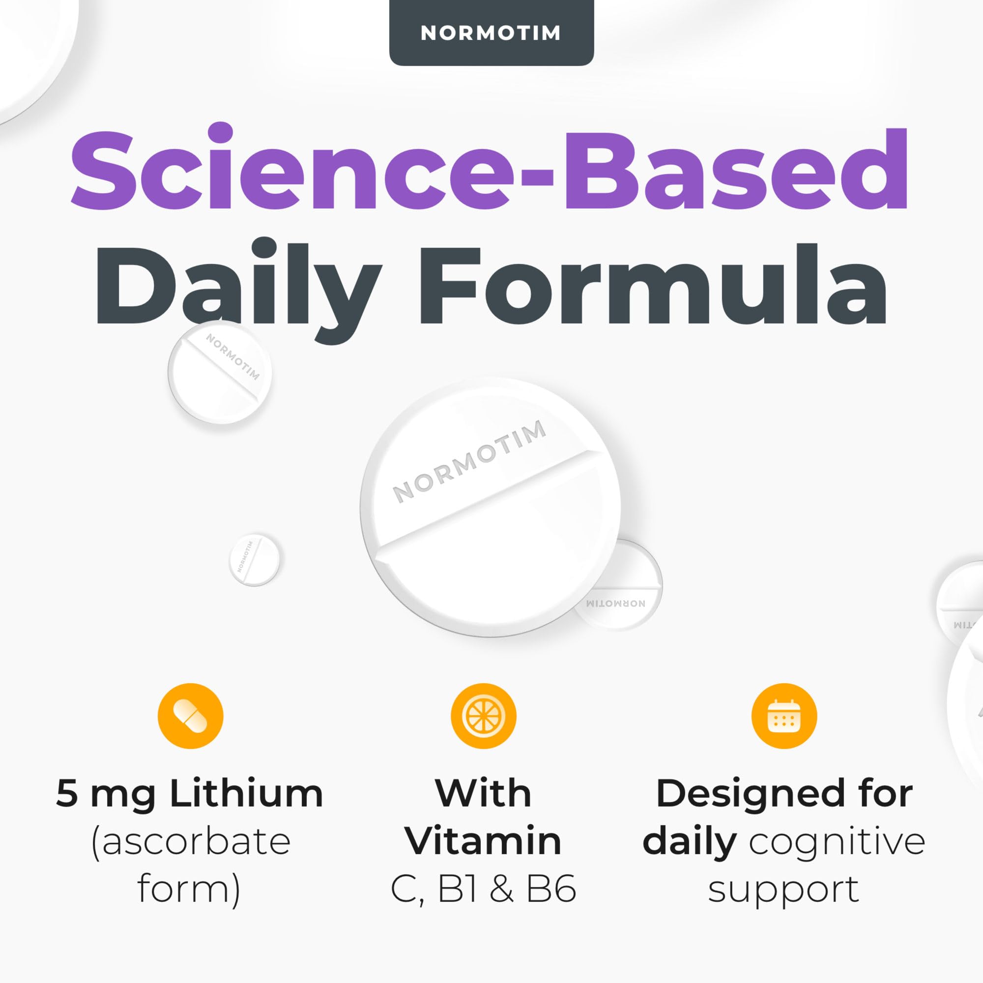 NORMOTIM Calm & Focus Support bottle with background of study materials