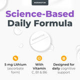 NORMOTIM Calm & Focus Support bottle with background of study materials