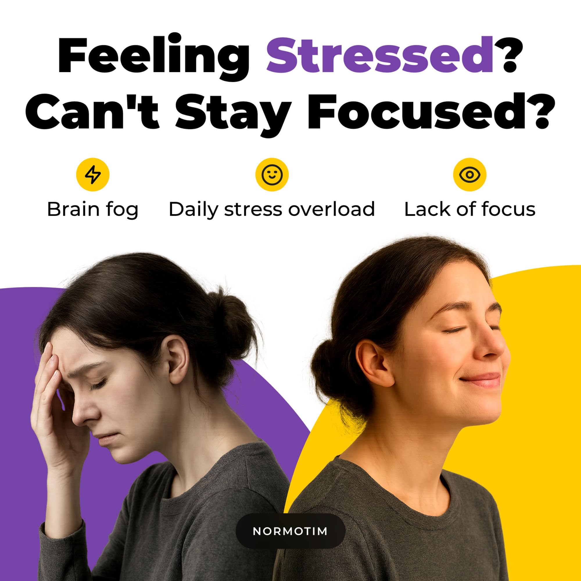 NORMOTIM Calm & Focus Support tablets on a wooden surface