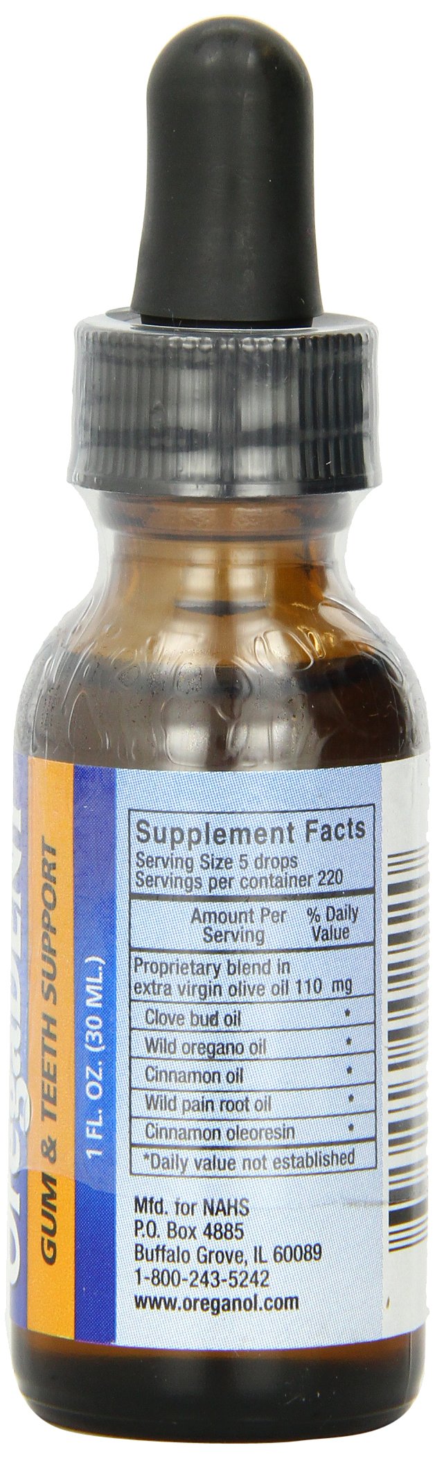 NORTH AMERICAN HERB & SPICE OregaDENT herbal supplement bottle with label details